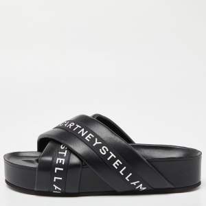 Stella McCartney Black/White Faux Leather Vesta Slide Slippers Size 41