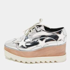 Stella McCartney Silver Faux Leather Elyse Star Wedge Sneakers Size 37
