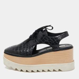 Stella McCartney Black Croc Embossed Leather Elyse Cut Out Platform Derby Sneakers Size 37