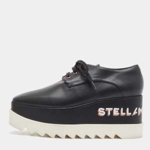 Stella McCartney Black Faux Leather Elyse Logo Embroidered Platform Sneakers Size 38