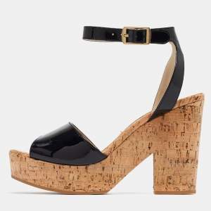 Stella McCartney Black Faux Patent And Cork Platform Ankle Strap Sandals Size 38