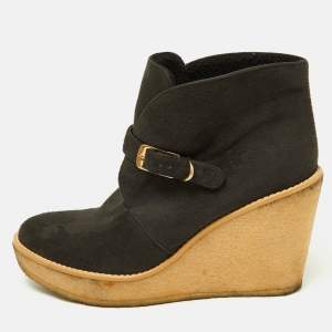 Stella McCartney Black Faux Suede Buckle Detail Wedge Ankle Booties Size 39