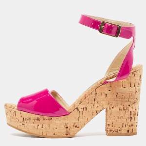 Stella McCartney Pink Faux Patent And Cork Platform Ankle Strap Sandals Size 39