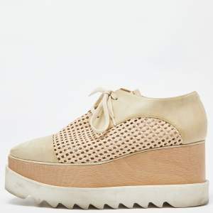 Stella McCartney Two Tone Beige Woven Faux Leather  Elyse Platform Derby Sneakers Size 38