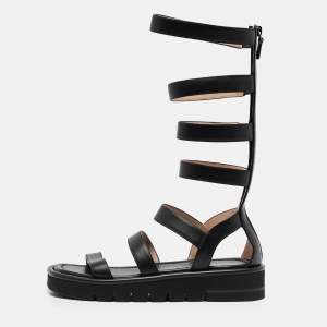 Stuart Weitzman Black Leather Gala Lift Flat Sandals Size 37.5
