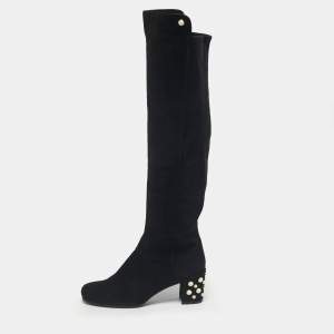Pre Owned Stuart Weitzman Black Suede Pearl Studded Knee Length Boots Size 39