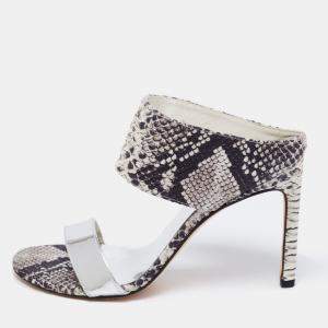 Stuart Weitzman Monochrome Python Embossed And Metallic Silver Leather Open Toe Sandals Size 37.5 