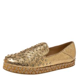 Stuart Weitzman Metallic Gold Leather Crystal Embellished Espadrille Flat Size 37