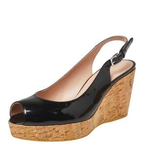 Stuart Weitzman Black Patent Leather Cork Wedge Peep Toe Platform Slingback Sandals Size 39.5 