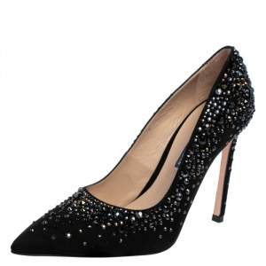 Stuart Weitzman Black Suede Crystal Embellished Lalaina Pumps Size 38