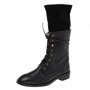 Stuart Weitzman Black Suede And Leather Mid Calf Length Boots Size 40