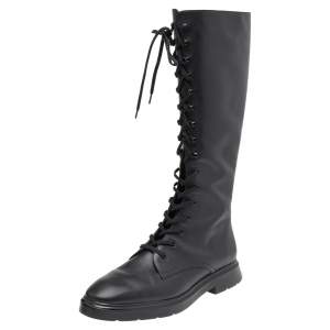 Stuart Weitzman Black Leather Knee Length Lace Up Boots Size 40