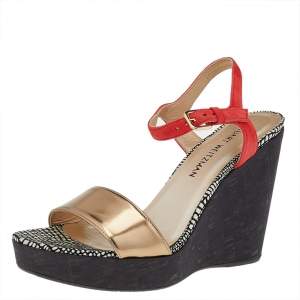 Stuart Weitzman Gold/Orange Leather Cork Wedge Platform Ankle Strap Sandals Size 40