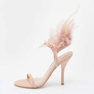 Stuart Weitzman Pink Suede and Feather Ricki Ankle Strap Sandals Size 37.5