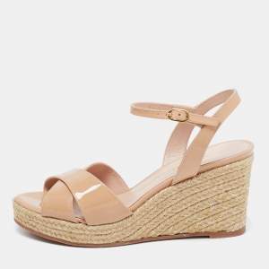 Stuart Weitzman Beige Patent Leather Rosemarie Wedge Espadrille Sandals Size 38.5