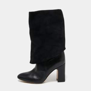 Stuart Weitzman Black Leather and Suede Lucinda Fold-over Boots  Size 38
