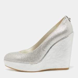 Stuart Weitzman Silver Leather and Glitter Wedge Pumps Size 39 
