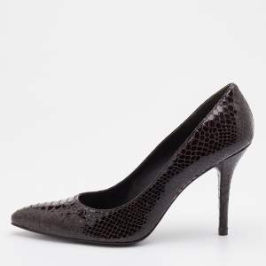 Stuart Weitzman Dark Brown Python Embossed Patent Leather Pointed Toe Pumps Size 39.5