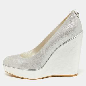 Stuart Weitzman Silver Leather and Glitter Wedge Pumps Size 40
