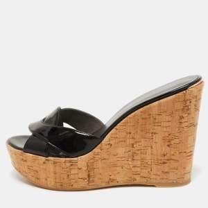 Stuart Weitzman Black Patent Overit Cork Wedge Sandals Size 39.5