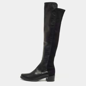 Stuart Weitzman Black Leather and Fabric Thigh High Boot Size 35