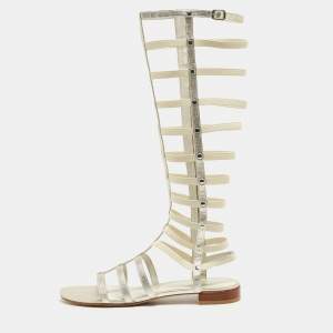 Stuart Weitzman Metallic White Leather and Elastic Gladiator Flat Sandals Size 40