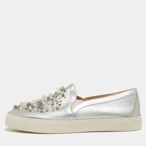 Stuart Weitzman Silver Leather Faux Pearl and Crystal Embellished Slip On Sneakers Size 42