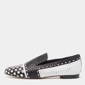 Stuart Weitzman Black/White Woven Leather Riviera Smoking Slippers Size 36