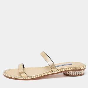 Stuart Weitzman Metallic Gold Leather Embellished Slides Size 40