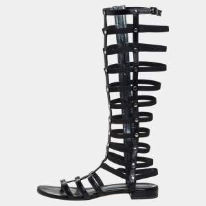 Stuart Weitzman Black Leather and Elastic Gladiator Flat Sandals Size 37.5