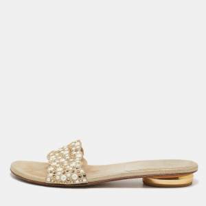 Stuart Weitzman Beige Textured Suede Studded Thong Slides Size 41