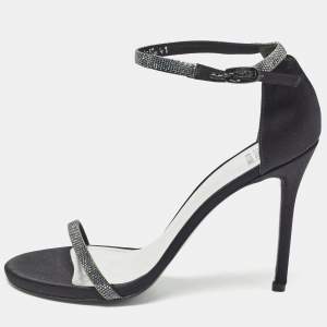 Stuart Weitzman Black Satin Crystal Embellished Ankle Strap Sandals Size 41