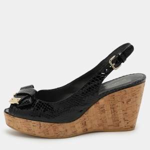 Stuart Weitzman Black Python Embossed Leather Bow Cork Wedge Slingback Pumps Size 40