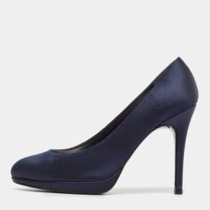 Stuart Weitzman Navy Blue Satin Round Toe Platform Pumps Size 38