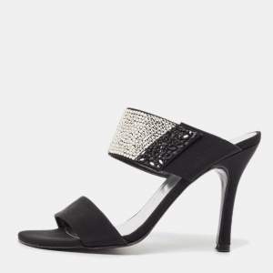 Stuart Weitzman Black Fabric Crystal Embellished Slide Sandals Size 36
