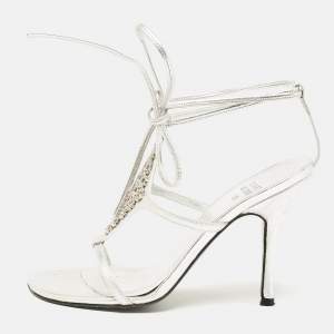 Stuart Weitzman Silver Leather Crystal Embellished Ankle Strap Sandals Size 35.5