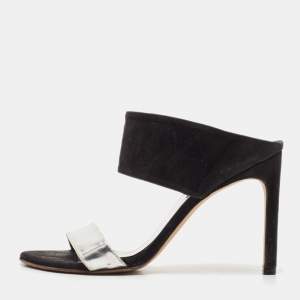 Stuart Weitzman Black/Silver Suede and  Leather Slide Sandals Size 37.5