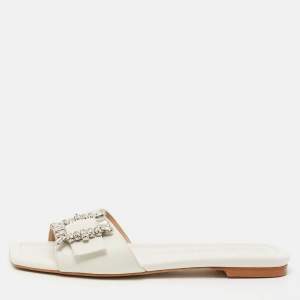 Stuart Weitzman White Leather Crystal Embellished Slide Sandals Size 37