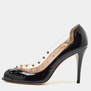 Stuart Weitzman Black Patent Leather and PVC Studded Peep Toe Pumps Size 38.5