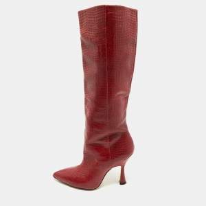 Stuart Weitzman Red Croc Embossed Leather Parton Knee Length Boots Size 40