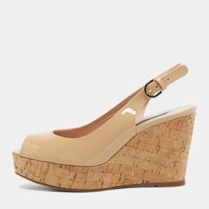 Pre Owned Stuart Weitzman Beige Patent Leather Jean Wedge Pumps Size 38.5