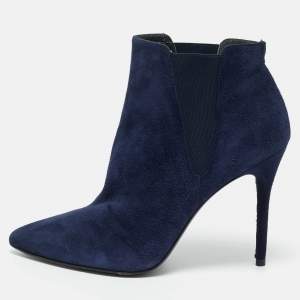 Pre Owned Stuart Weitzman Blue Elastic and Suede Ankle Length Boots Size 40