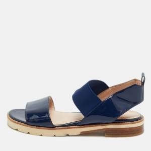 Pre Owned Stuart Weitzman Navy Blue Patent Leather Slingback Sandals Size 38.5