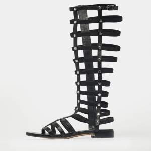 Pre Owned Stuart Weitzman Black Elastic and Leather Gladiator Flat Sandals Size 35
