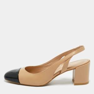 Pre Owned Stuart Weitzman Black/Beige Leather and Patent Slingback Pumps Size 40  