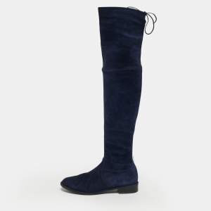 Pre Owned Stuart Weitzman Lowland Size 38.5 Navy Blue Suede Knee Length Boots