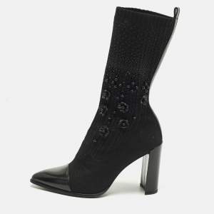 Pre Owned Stuart Weitzman Glove Size 39.5 Black Knit Fabric and Leather Embellished Sock Hop Boots