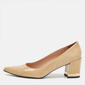Pre Owned Stuart Weitzman Ariana Size 36.5 Beige Patent Leather Pointed Toe Block Heel Pumps