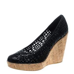 Stuart Weitzman Black Perforated Leather Nudotcomer Platform Cork Wedge Pumps Size 41