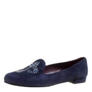 Stuart Weitzman Blue Suede Lys Crystal Rocks Smoking Slipper Size 36.5